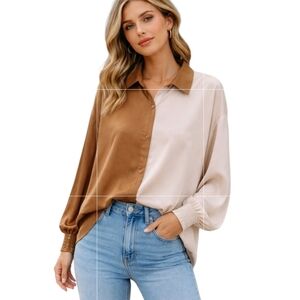 ODDY Plus Silk Blouse Size 3xl Smocked Sleeve Button Up Preppy Cream Feminine